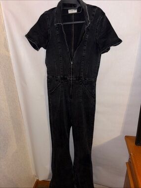 We The Free Washed Black Short Sleeve Denim Jumpsuit